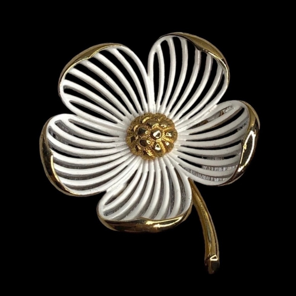 Vintage Monet White Enamel Gold Plated Flower Pin